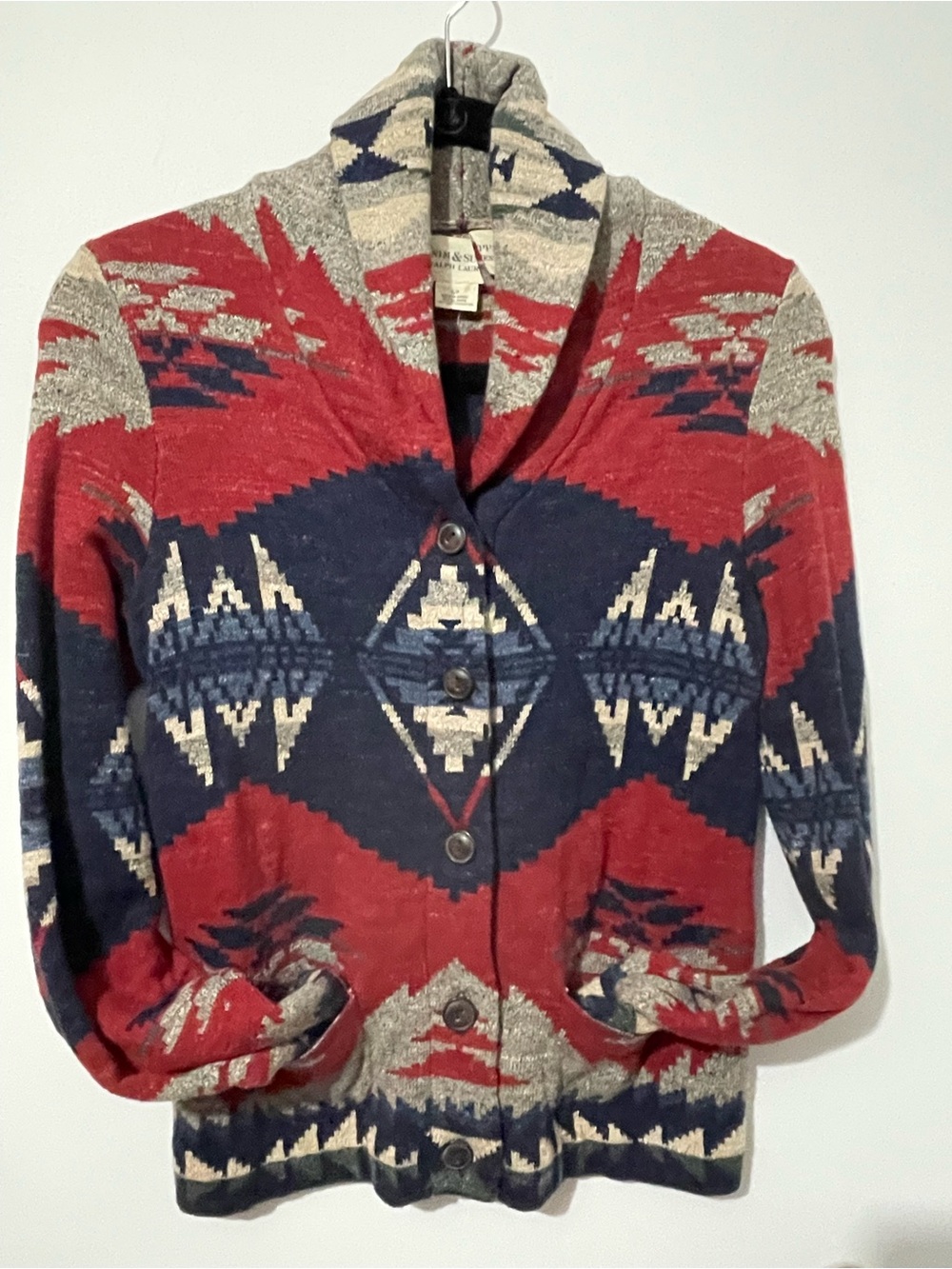 Ralph Lauren Denim &SupplyRed, Navy and Cream Aztec Knit Shawl-Collar Cardigan